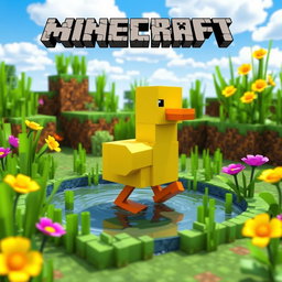 A charming scene of a cute, blocky duck waddling in a colorful Minecraft world, surrounded by vibrant pixelated flowers and tall green grass