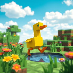 A charming scene of a cute, blocky duck waddling in a colorful Minecraft world, surrounded by vibrant pixelated flowers and tall green grass