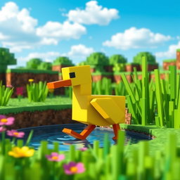A charming scene of a cute, blocky duck waddling in a colorful Minecraft world, surrounded by vibrant pixelated flowers and tall green grass
