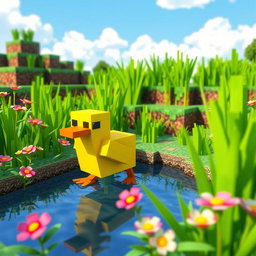 A charming scene of a cute, blocky duck waddling in a colorful Minecraft world, surrounded by vibrant pixelated flowers and tall green grass
