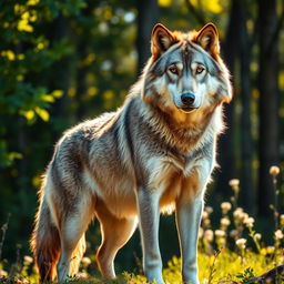 A stunning, high-resolution photograph of a majestic wolf standing proudly in a lush forest