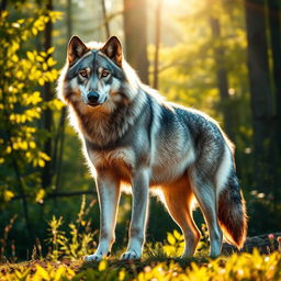 A stunning, high-resolution photograph of a majestic wolf standing proudly in a lush forest