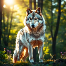 A stunning, high-resolution photograph of a majestic wolf standing proudly in a lush forest