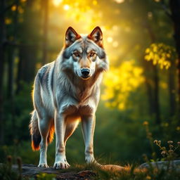 A stunning, high-resolution photograph of a majestic wolf standing proudly in a lush forest