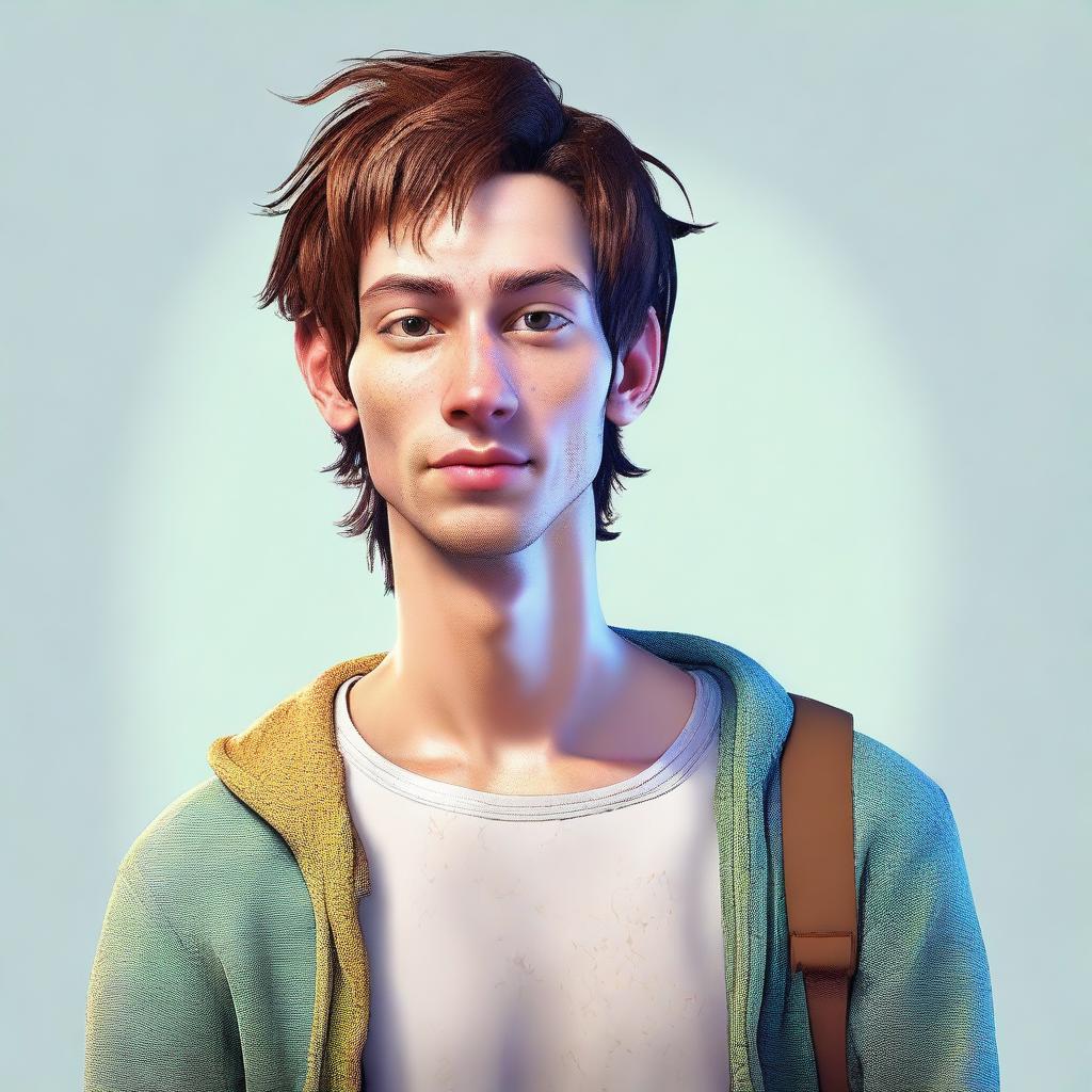 This is a realistic, high-quality digital art image of a lanky, dorky individual with acne scars and brown hair