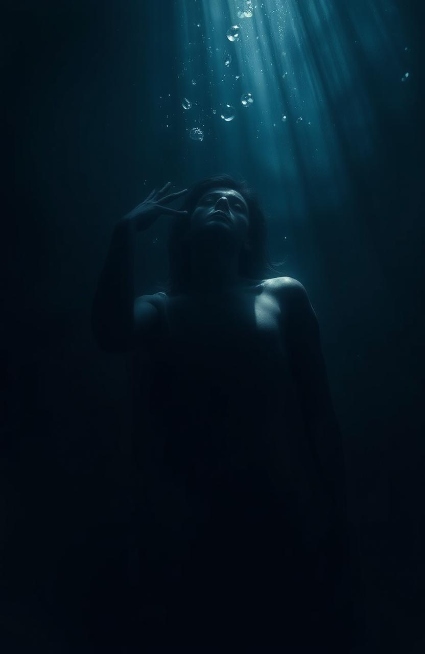 A deeply atmospheric and moody scene titled 'Drowning in the Shadows', inspired by the style of Ayoub Guesmi