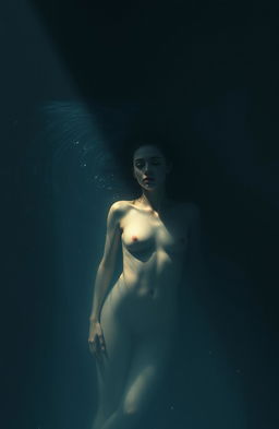 A deeply atmospheric and moody scene titled 'Drowning in the Shadows', inspired by the style of Ayoub Guesmi