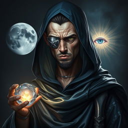 A dark fantasy scene featuring a full-body depiction of a human with a stoic and knowledgeable expression
