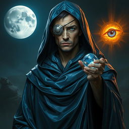 A dark fantasy scene featuring a full-body depiction of a human with a stoic and knowledgeable expression
