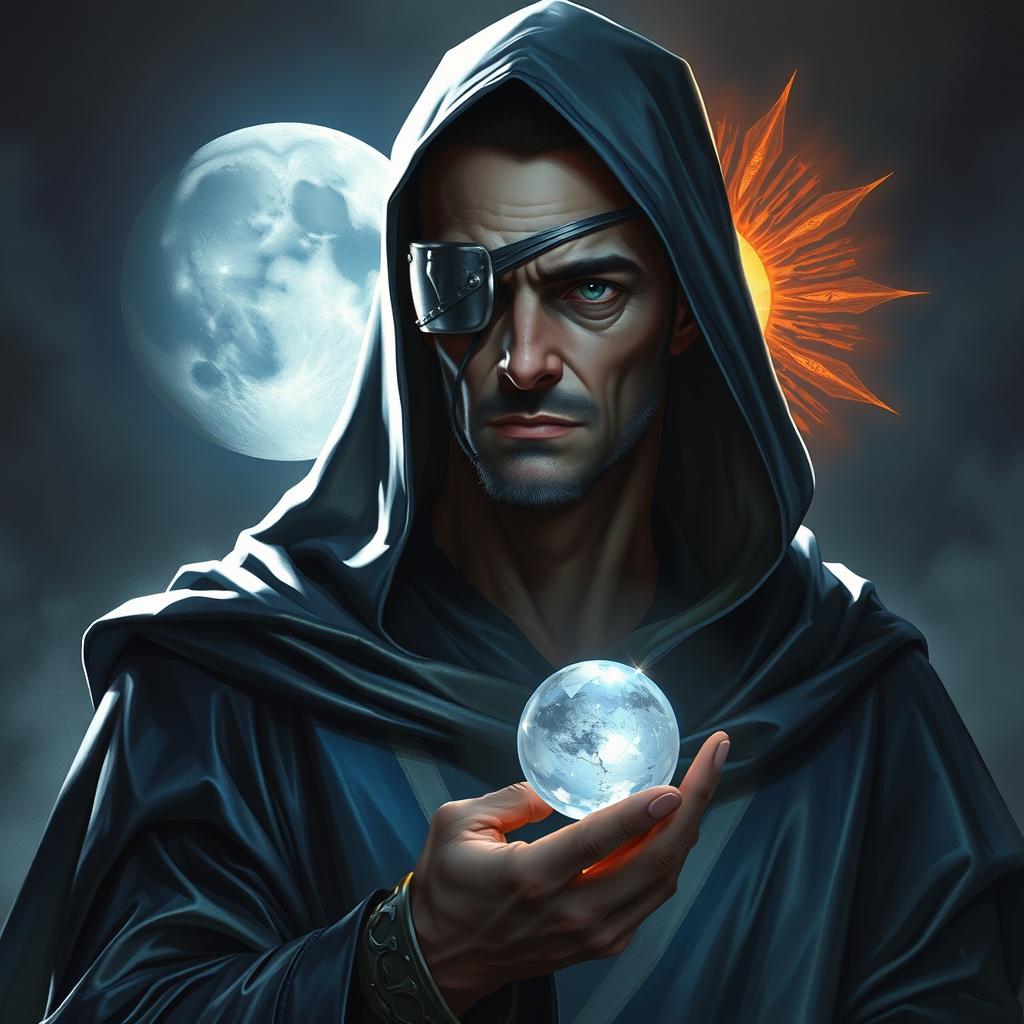 A dark fantasy scene featuring a full-body depiction of a human with a stoic and knowledgeable expression