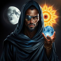 A dark fantasy scene featuring a full-body depiction of a human with a stoic and knowledgeable expression