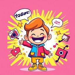 A vibrant and cartoonish illustration perfect for a YouTube thumbnail, featuring a cheerful and energetic character with a huge smile, dressed in a colorful outfit that pops with bright colors like red, blue, and yellow