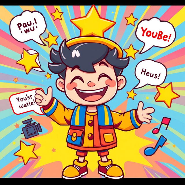 A vibrant and cartoonish illustration perfect for a YouTube thumbnail, featuring a cheerful and energetic character with a huge smile, dressed in a colorful outfit that pops with bright colors like red, blue, and yellow