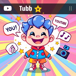 A vibrant and cartoonish illustration perfect for a YouTube thumbnail, featuring a cheerful and energetic character with a huge smile, dressed in a colorful outfit that pops with bright colors like red, blue, and yellow