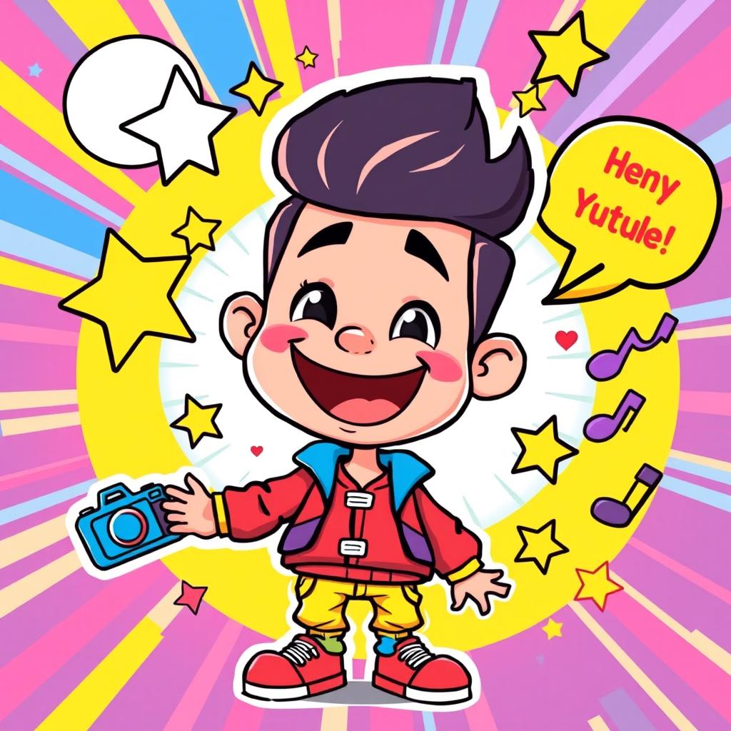 A vibrant and cartoonish illustration perfect for a YouTube thumbnail, featuring a cheerful and energetic character with a huge smile, dressed in a colorful outfit that pops with bright colors like red, blue, and yellow
