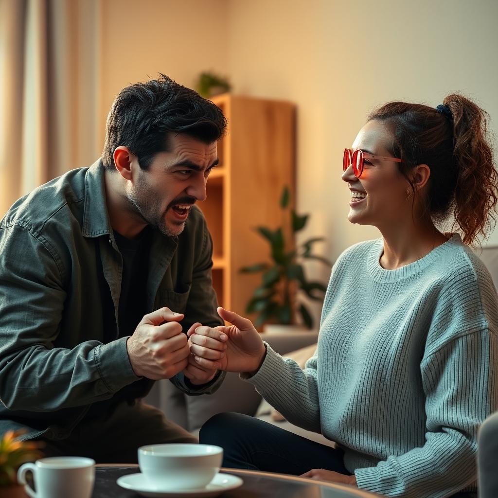 A dramatic confrontation between an irate man and a smiling woman wearing rose-colored glasses