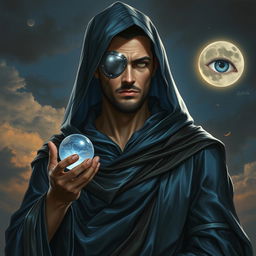 A dark fantasy scene featuring a full-body portrait of a human figure, exuding stoicism and wisdom
