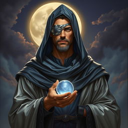 A dark fantasy scene featuring a full-body portrait of a human figure, exuding stoicism and wisdom