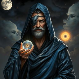 A dark fantasy scene featuring a full-body portrait of a human figure, exuding stoicism and wisdom