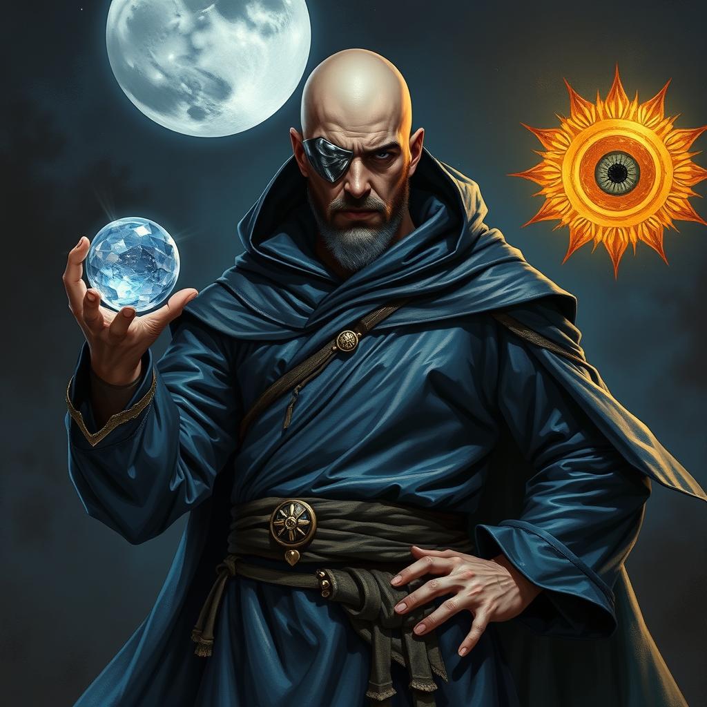 A full body depiction of a stoic and knowledgeable human figure, standing in a combat stance