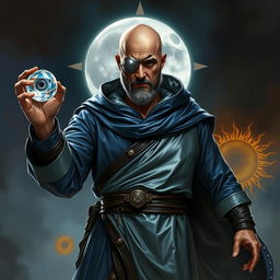 A full body depiction of a stoic and knowledgeable human figure, standing in a combat stance