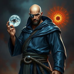 A full body depiction of a stoic and knowledgeable human figure, standing in a combat stance