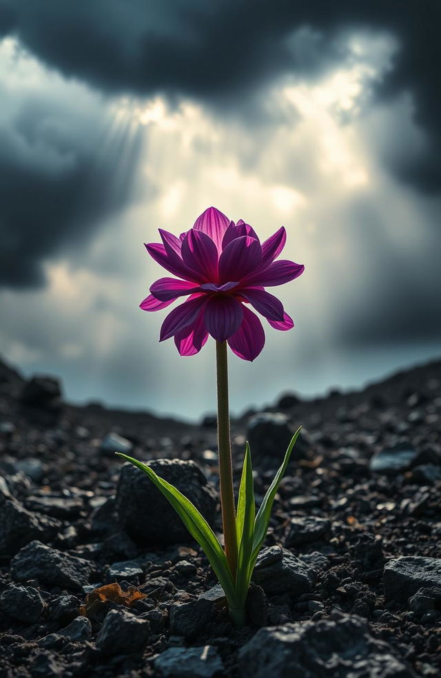 A stunning depiction of a unique flower blooming amidst a harsh environment, showcasing resilience and beauty