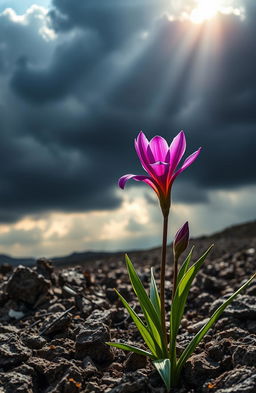 A stunning depiction of a unique flower blooming amidst a harsh environment, showcasing resilience and beauty