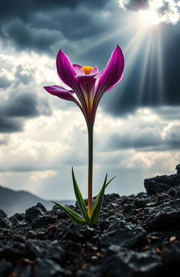 A stunning depiction of a unique flower blooming amidst a harsh environment, showcasing resilience and beauty