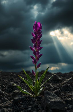 A stunning depiction of a unique flower blooming amidst a harsh environment, showcasing resilience and beauty