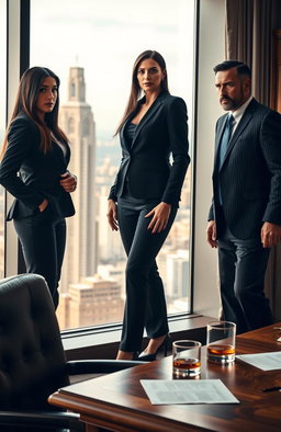 A powerful scene featuring a confident woman CEO in a sleek black business suit, standing tall in a luxurious office environment