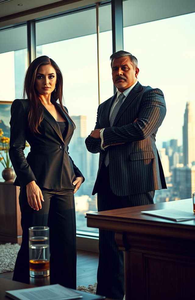 A powerful scene featuring a confident woman CEO in a sleek black business suit, standing tall in a luxurious office environment