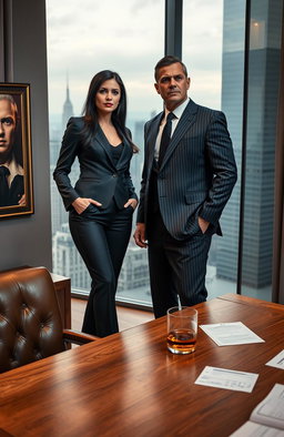 A powerful scene featuring a confident woman CEO in a sleek black business suit, standing tall in a luxurious office environment