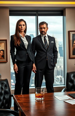 A powerful scene featuring a confident woman CEO in a sleek black business suit, standing tall in a luxurious office environment