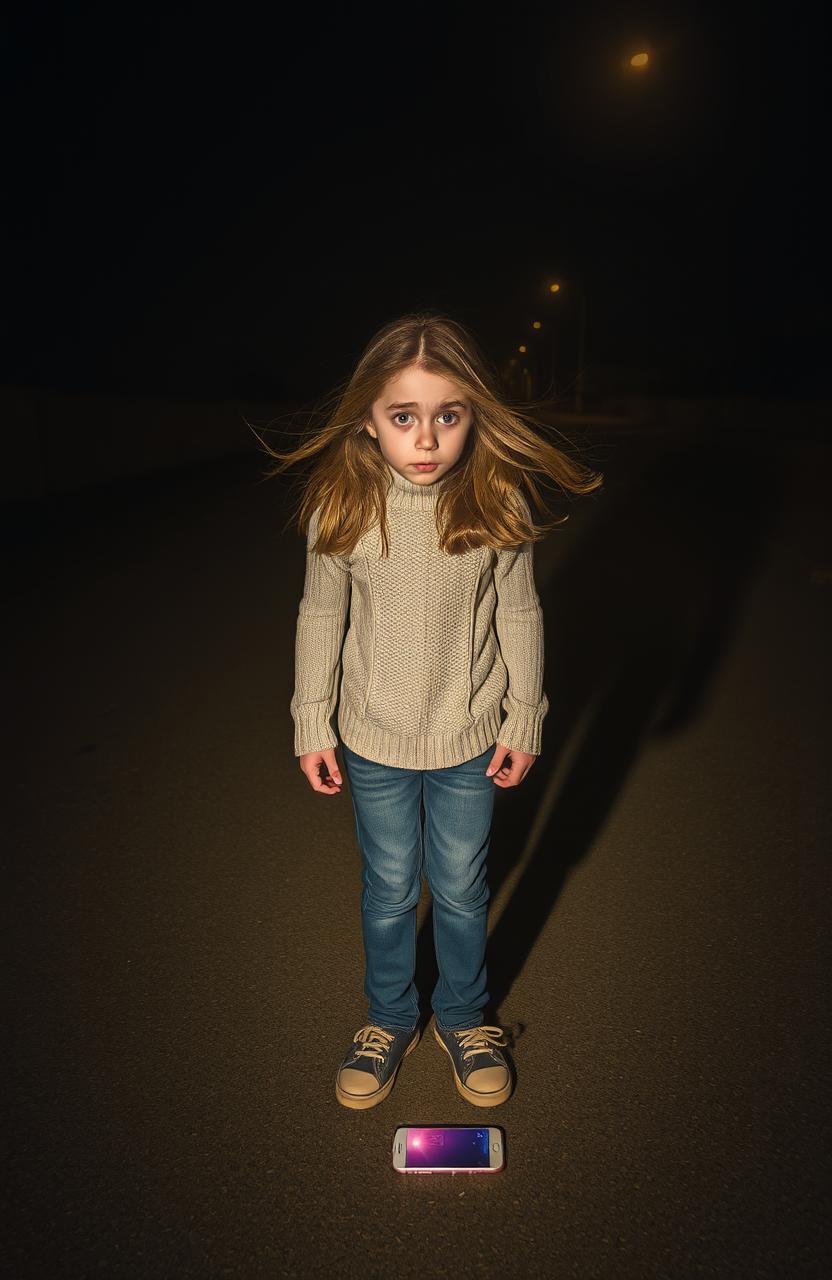 A frightened girl standing in a dimly lit street, her wide eyes reflecting fear as she stares at a large, looming shadow cast on the ground