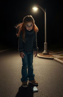 A frightened girl standing in a dimly lit street, her wide eyes reflecting fear as she stares at a large, looming shadow cast on the ground