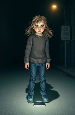 A frightened girl standing in a dimly lit street, her wide eyes reflecting fear as she stares at a large, looming shadow cast on the ground