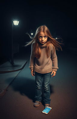 A frightened girl standing in a dimly lit street, her wide eyes reflecting fear as she stares at a large, looming shadow cast on the ground