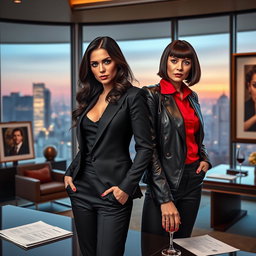 A powerful scene featuring a confident woman CEO in a sleek black business suit, exuding professionalism and authority
