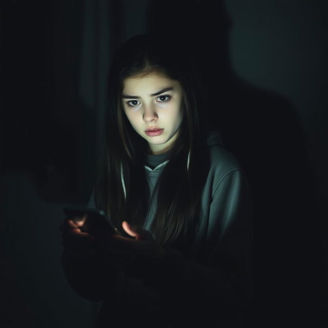 A scared teenager, a 15-year-old girl, with long dark hair and wearing a hoodie, standing in a dark room, illuminated only by the glow of her smartphone