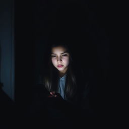 A scared teenager, a 15-year-old girl, with long dark hair and wearing a hoodie, standing in a dark room, illuminated only by the glow of her smartphone