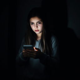 A scared teenager, a 15-year-old girl, with long dark hair and wearing a hoodie, standing in a dark room, illuminated only by the glow of her smartphone