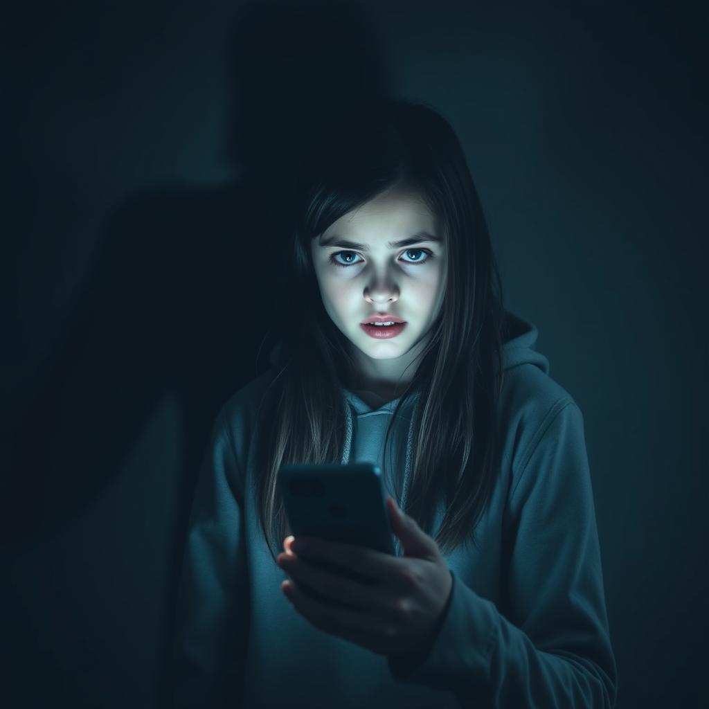 A scared teenager, a 15-year-old girl, with long dark hair and wearing a hoodie, standing in a dark room, illuminated only by the glow of her smartphone