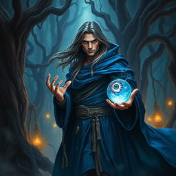 An epic fantasy scene featuring a 25-year-old male sorcerer with long flowing hair, dressed in a vibrant blue cloak that billows dramatically