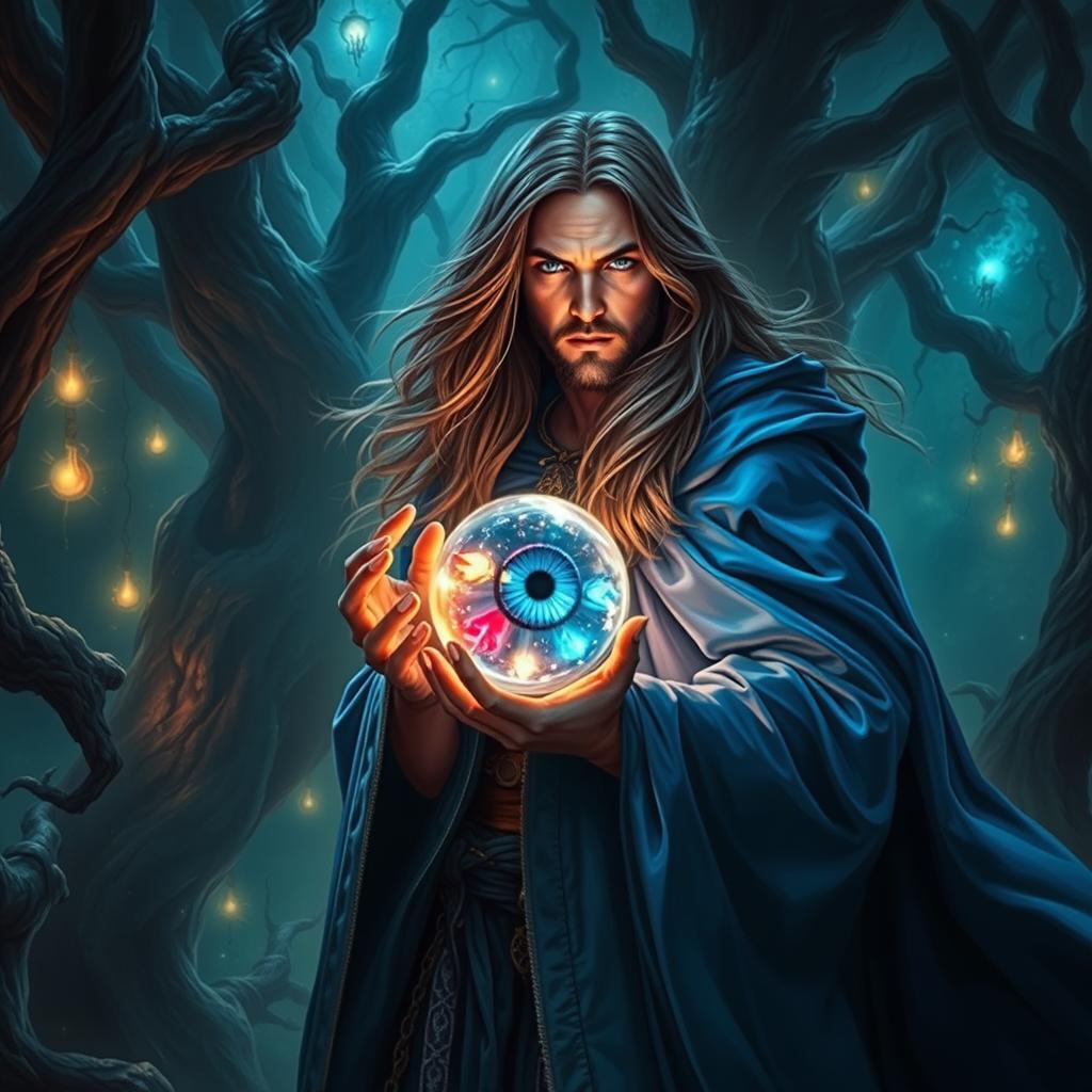 An epic fantasy scene featuring a 25-year-old male sorcerer with long flowing hair, dressed in a vibrant blue cloak that billows dramatically