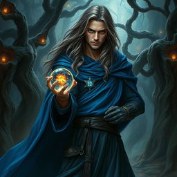 An epic fantasy scene featuring a 25-year-old male sorcerer with long flowing hair, dressed in a vibrant blue cloak that billows dramatically