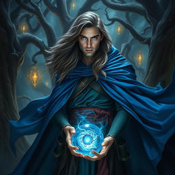 An epic fantasy scene featuring a 25-year-old male sorcerer with long flowing hair, dressed in a vibrant blue cloak that billows dramatically