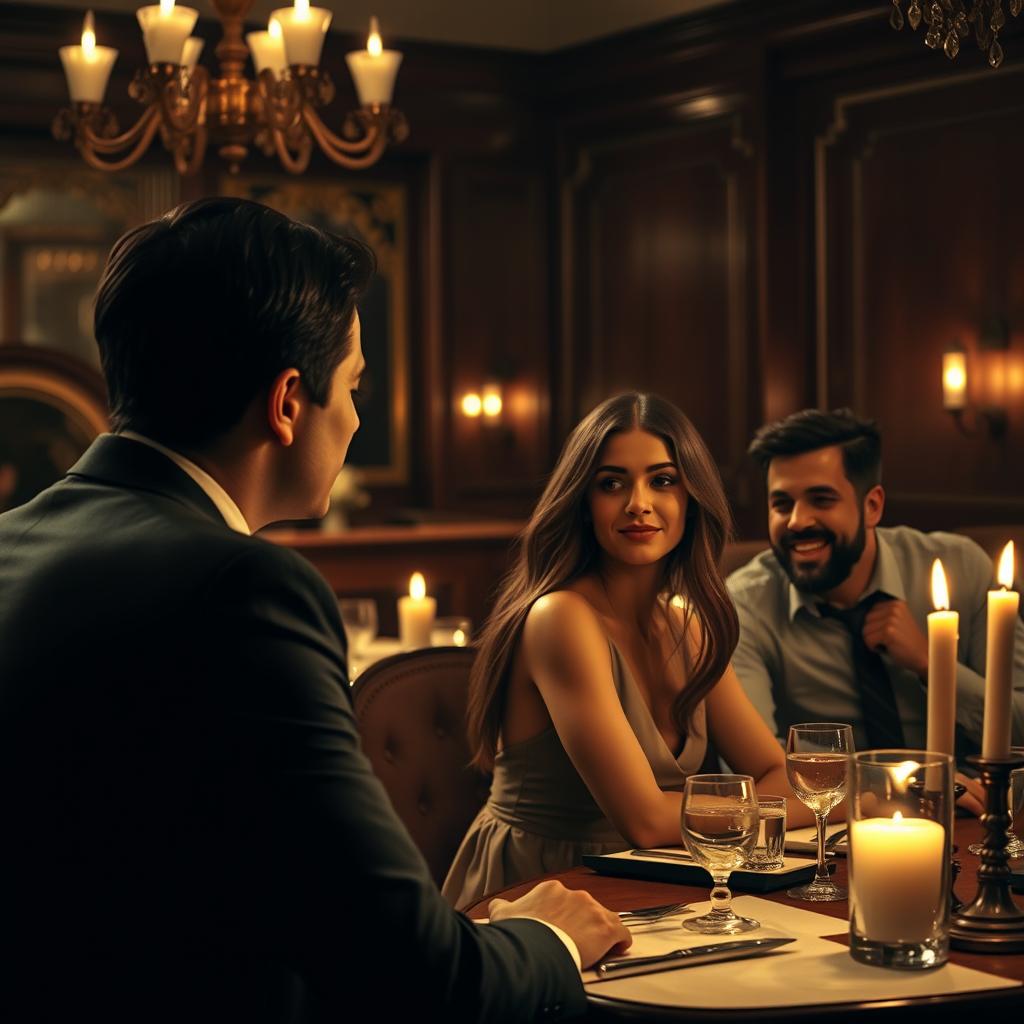 A dramatic scene in a cozy, upscale restaurant where a man with short dark hair, dressed in a tailored suit, gazes lovingly at a beautiful woman across the table