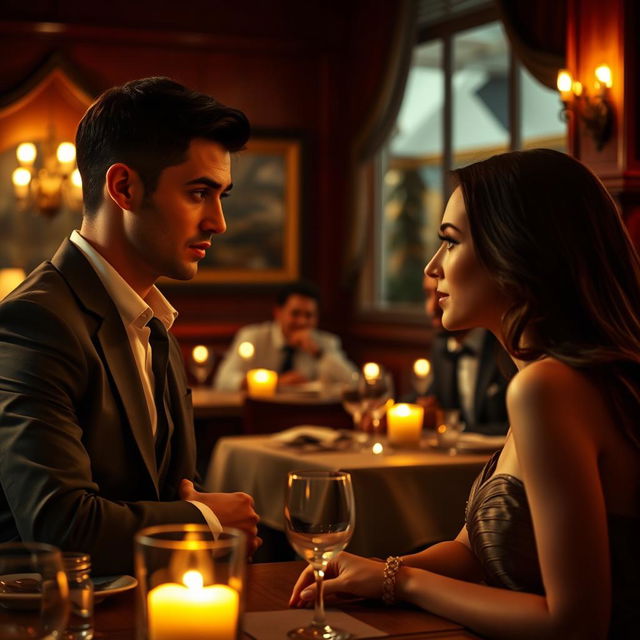 A dramatic scene in a cozy, upscale restaurant where a man with short dark hair, dressed in a tailored suit, gazes lovingly at a beautiful woman across the table