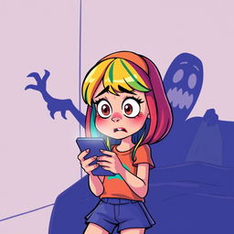A cartoon style illustration of a 15-year-old girl with bright, expressive features, wide eyes filled with fear while looking at her smartphone in a dark room